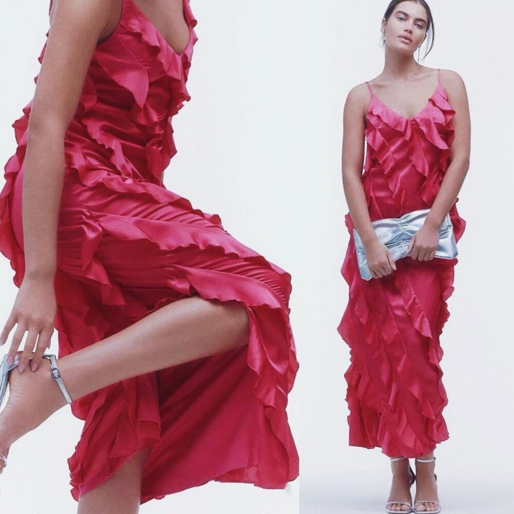 Anthropologie Size Large Pink Bias-Cut Ruffled Strappy Midi Slip Dress